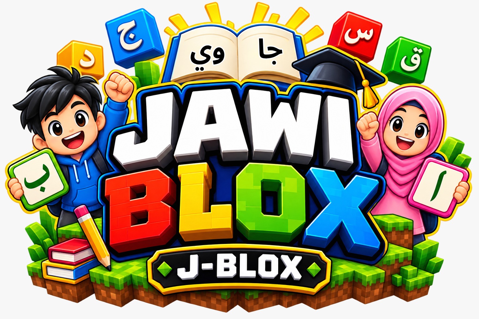 Watak murid dan logo program Jawi Blox
