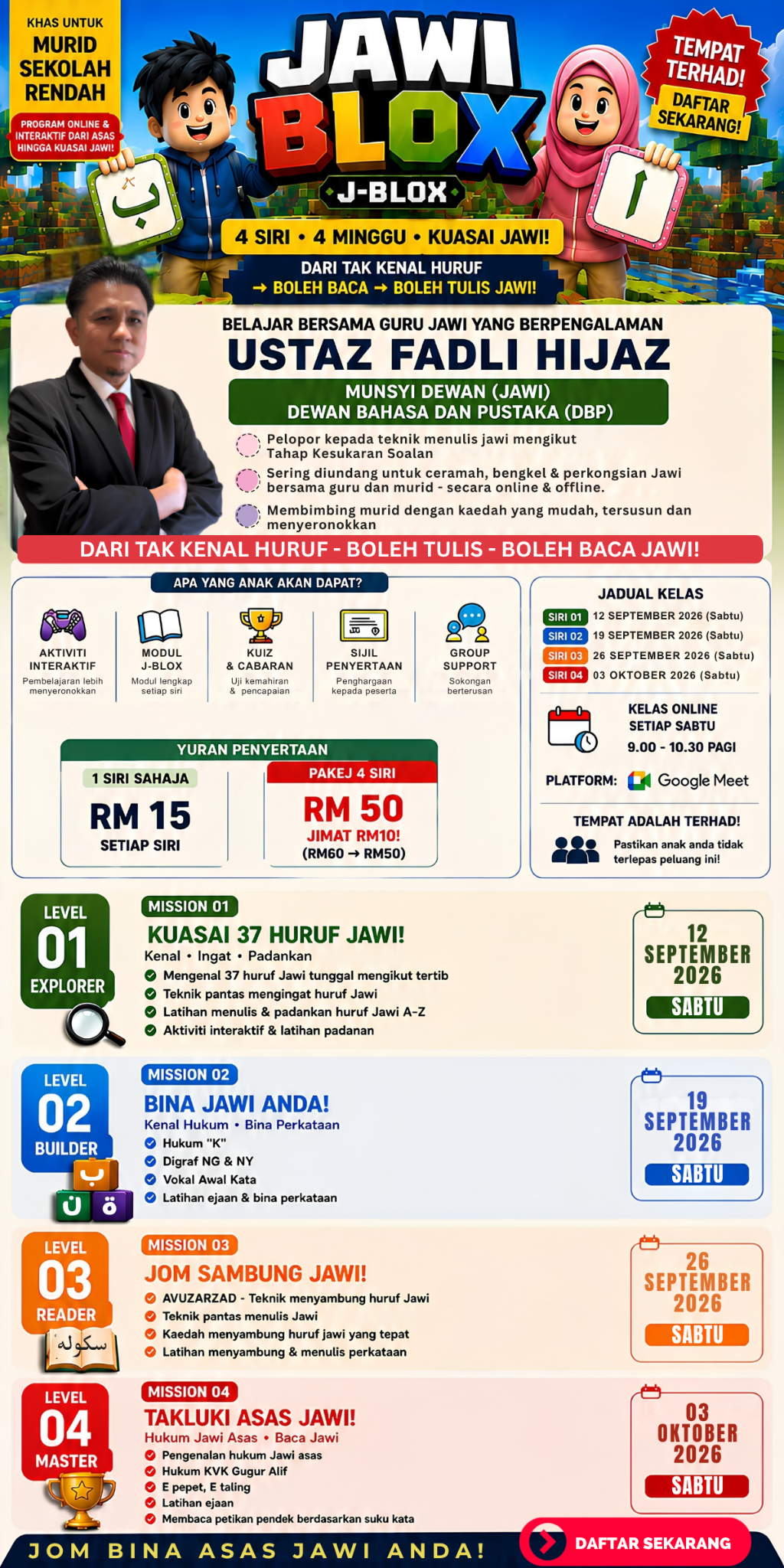 Poster promosi lengkap program Jawi Blox dengan tarikh kelas terkini