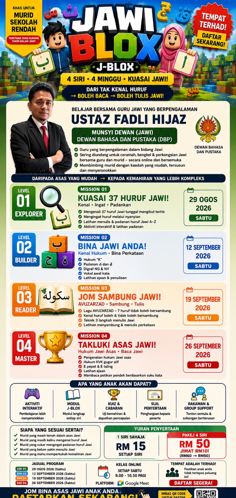 Poster promosi lengkap program Jawi Blox